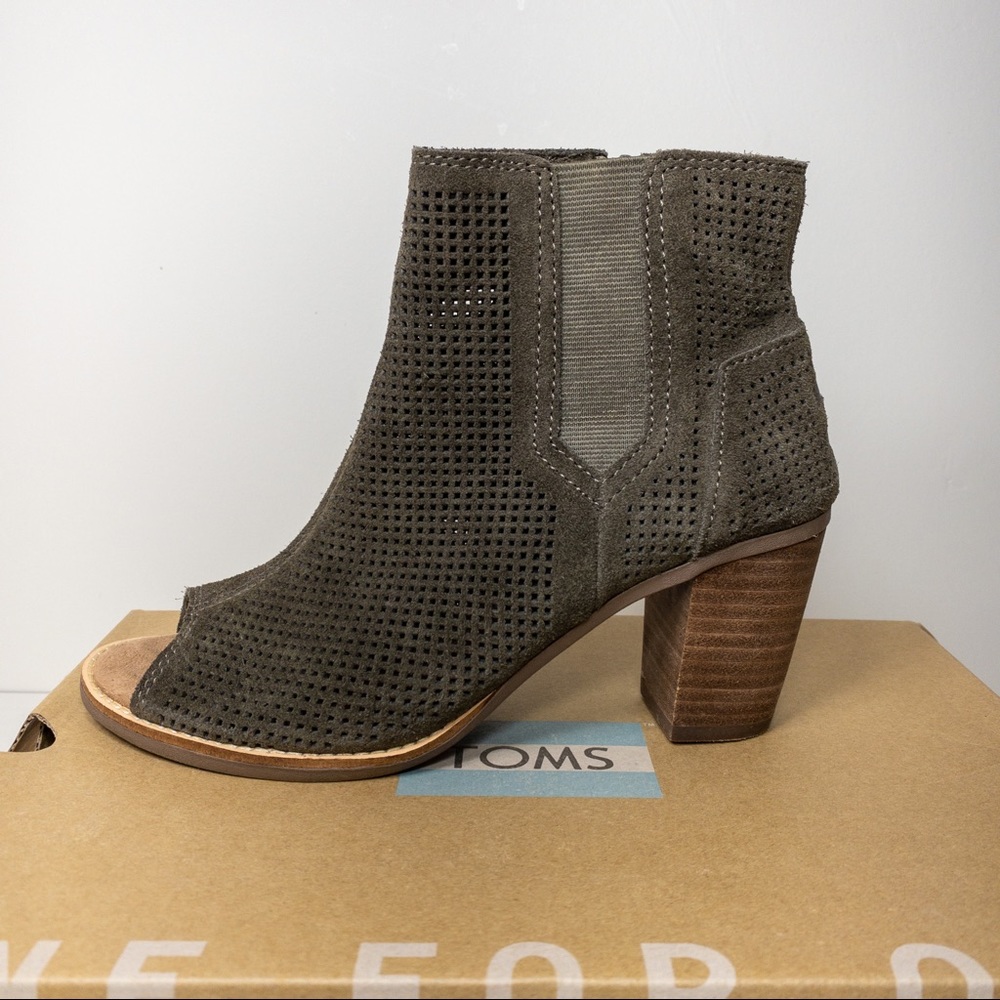 Toms Olive Suede Majorca Peep Toe Booties Heels